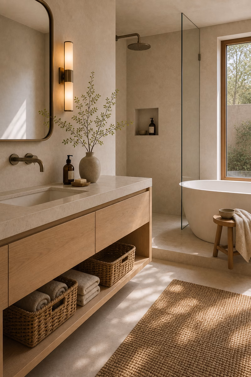 Neutral spa bathroom with woven baskets under oak vanity shelf and rolled towels