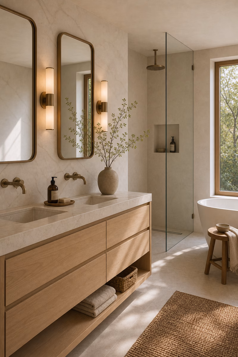 High-end neutral bathroom with softly veined cream stone backsplash, oak vanity, and warm sconces