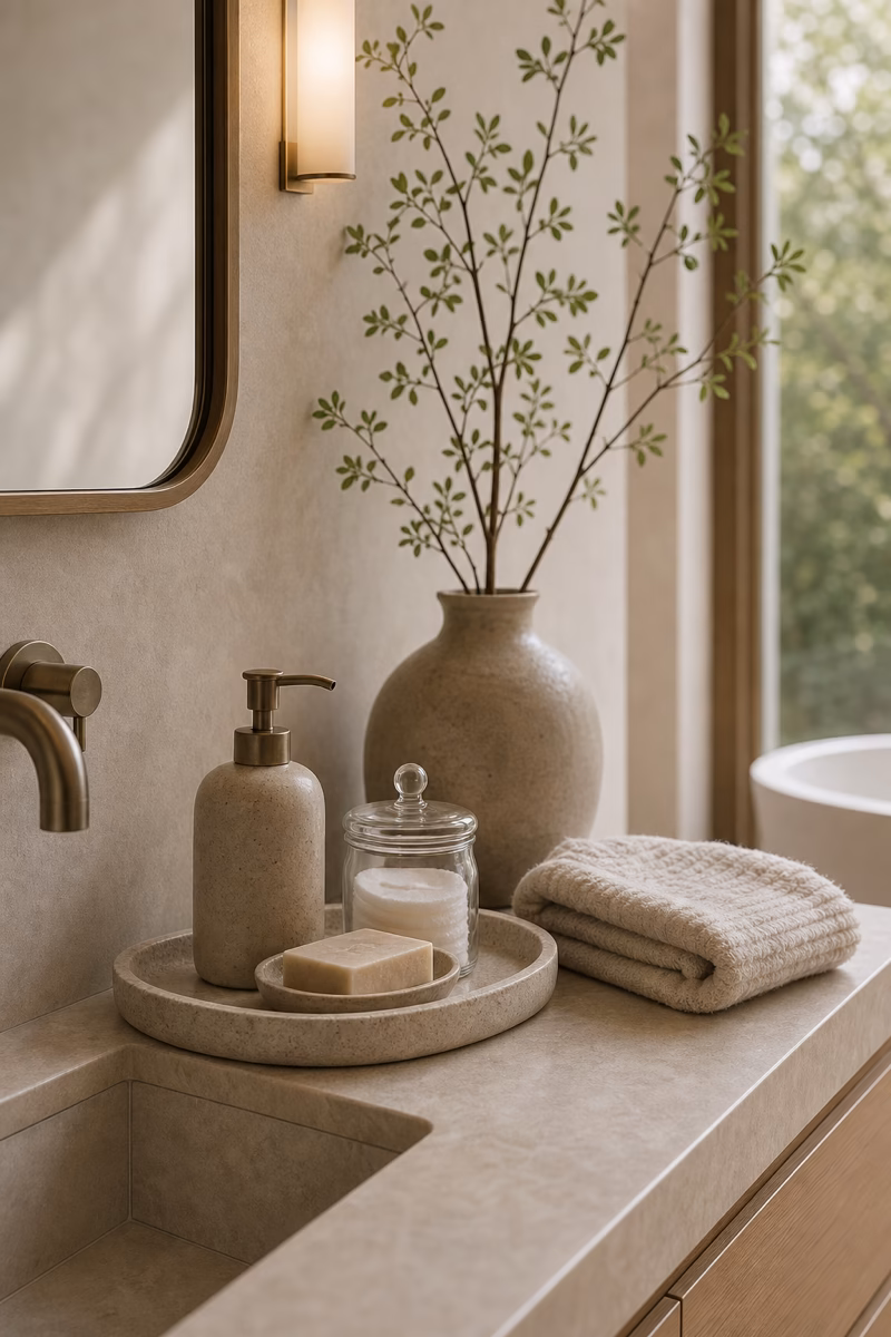 Neutral bathroom vanity with ceramic dispenser, honed stone tray, glass jar, and folded towel
