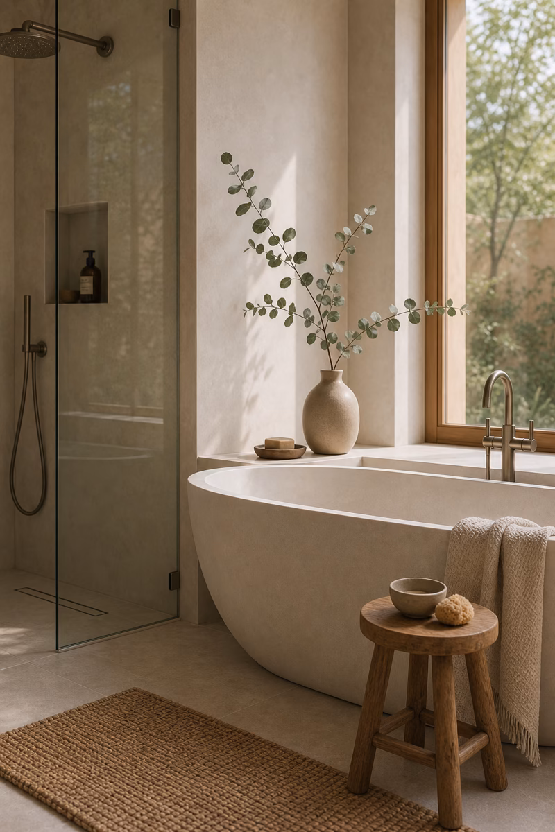 Neutral spa bathroom with eucalyptus branch in ceramic vase, stone tile, and oak stool
