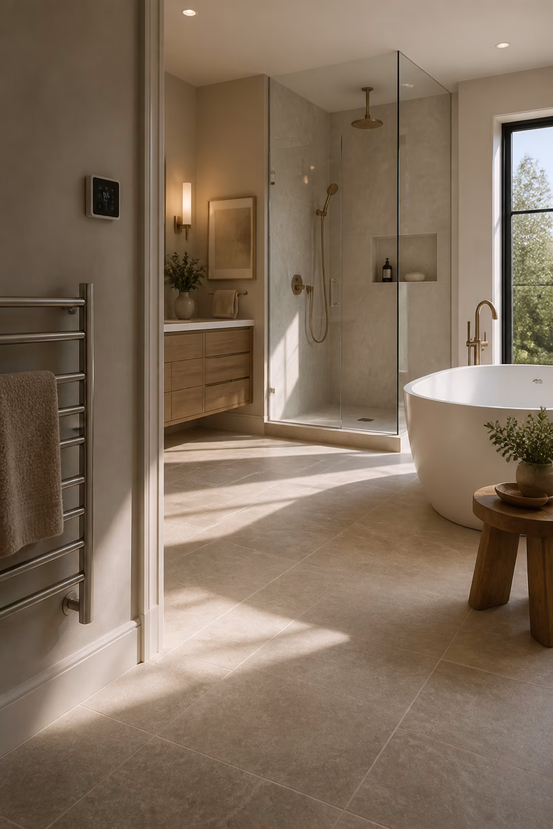 Neutral bathroom with integrated stone bath ledge, freestanding tub, ceramic vessel, and folded towel