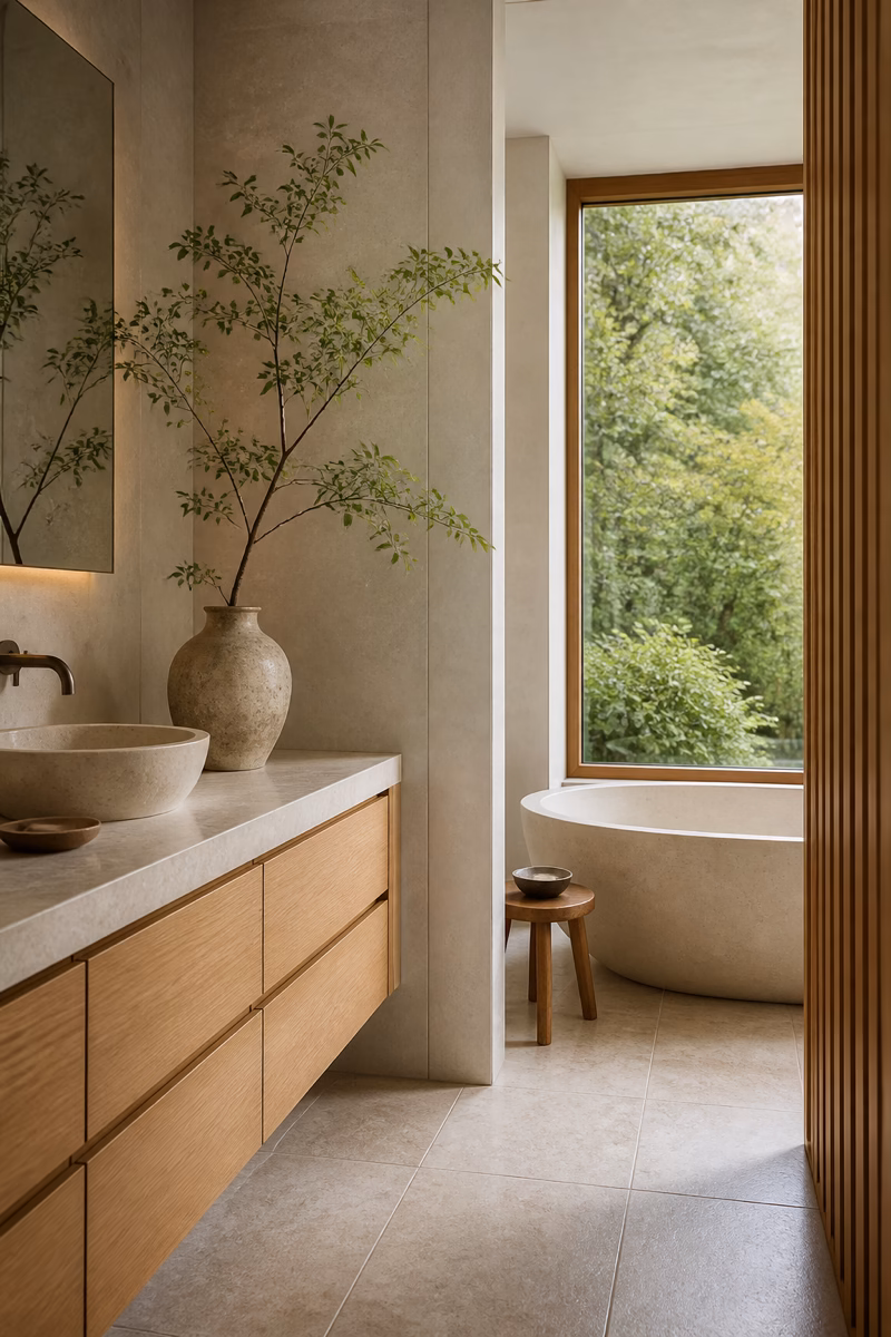Beige neutral bathroom with crisp white tub and basin, sand stone tile, and oak vanity