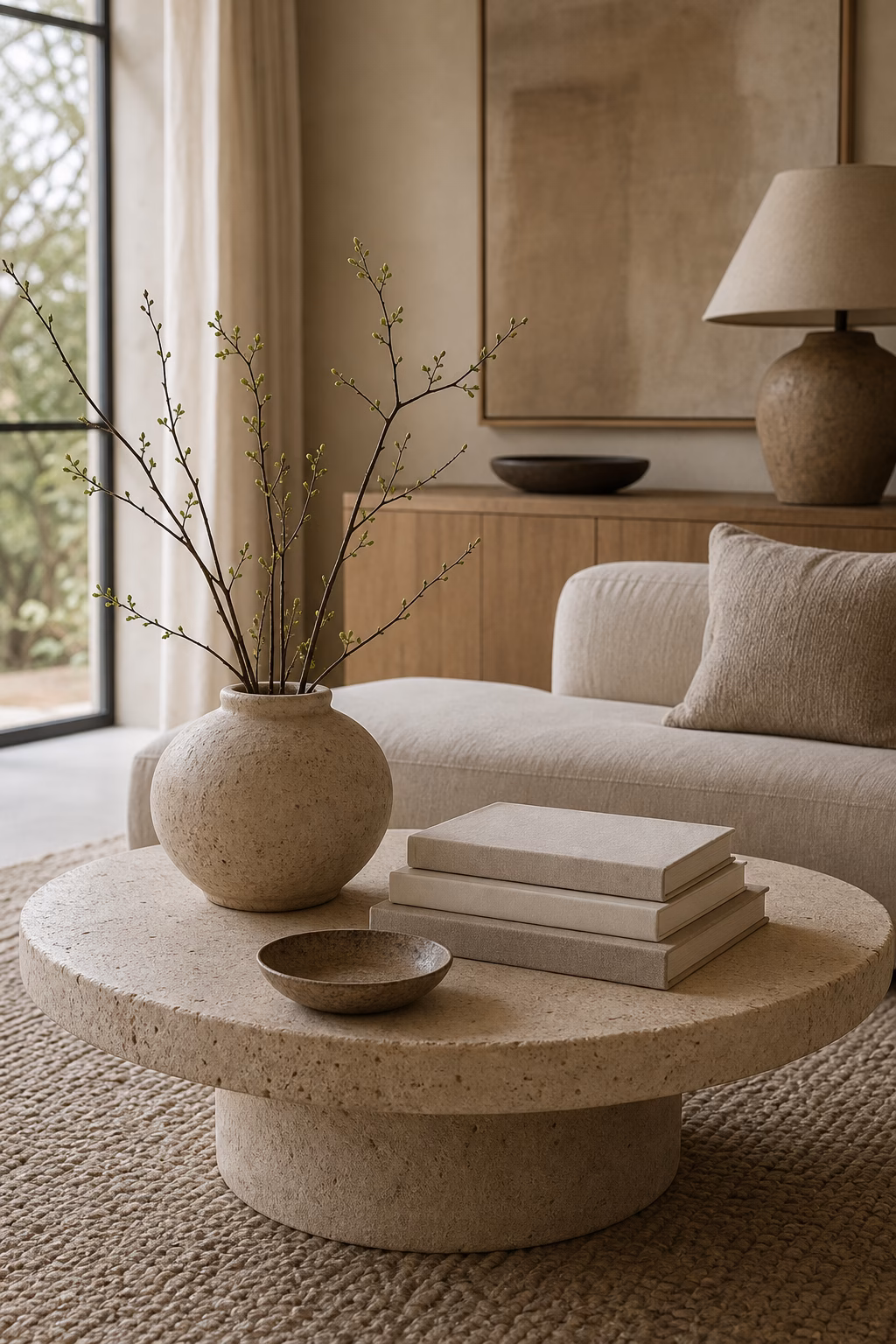 Low sculptural coffee table centered in an organic modern living room
