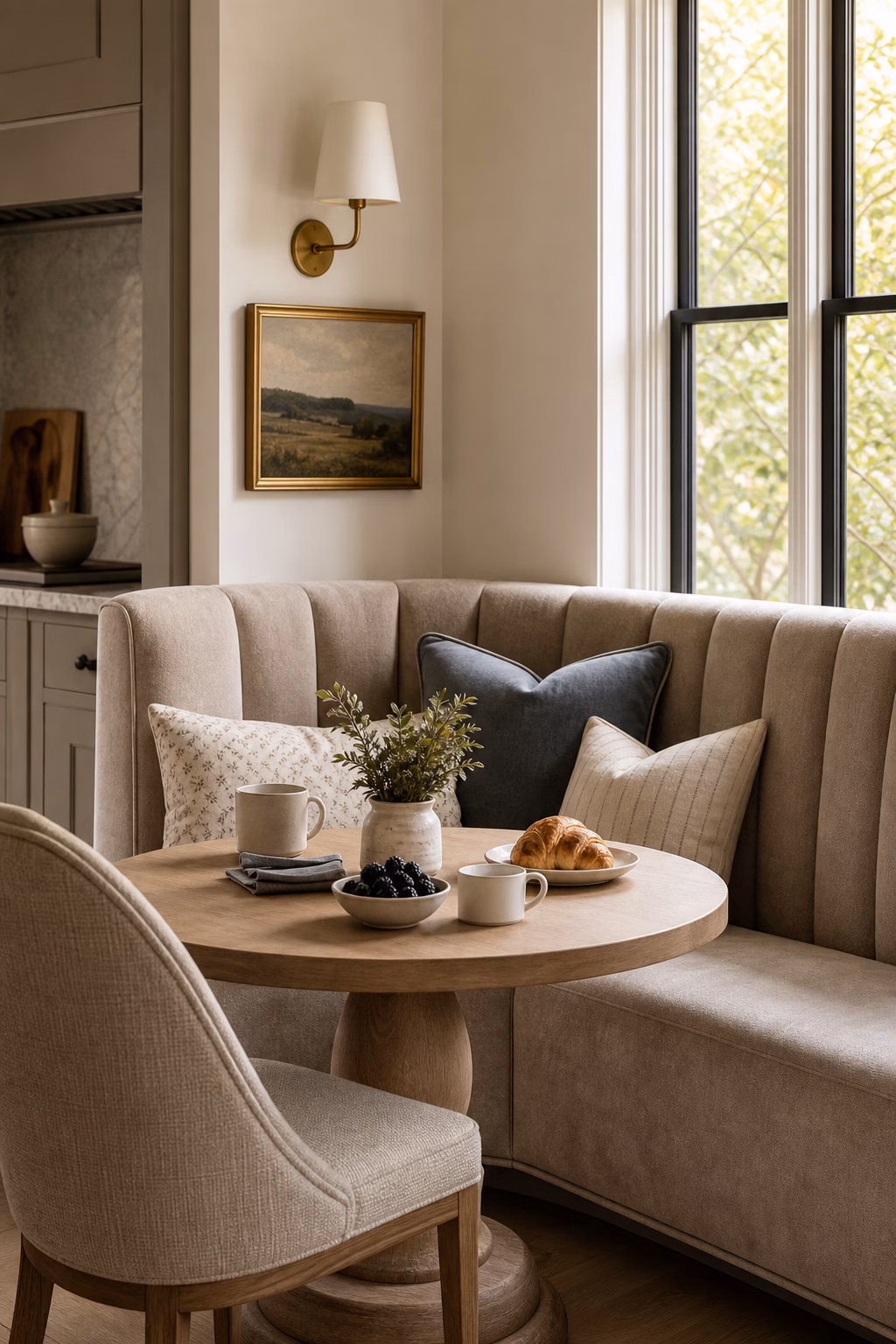Organic modern media wall with oak built-ins and concealed storage