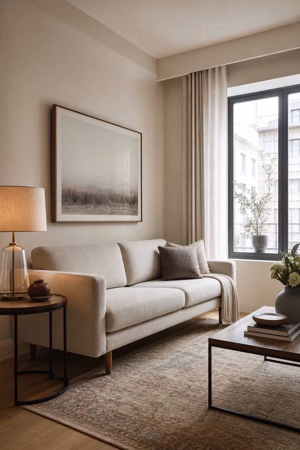 Small apartment living room with compact linen sofa and clear walkway