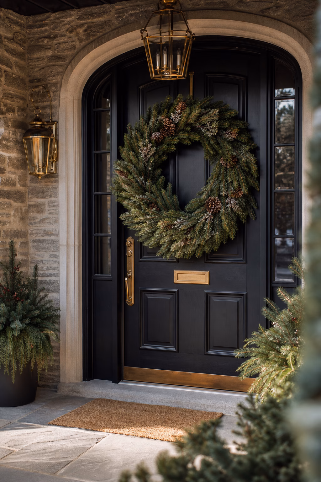 Oversized evergreen wreath creating a refined Christmas entry