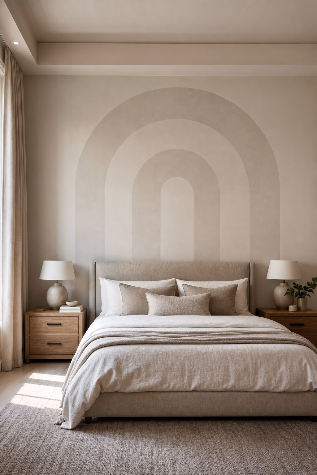 Tone-on-tone arch decal framing a stylish bedroom headboard wall
