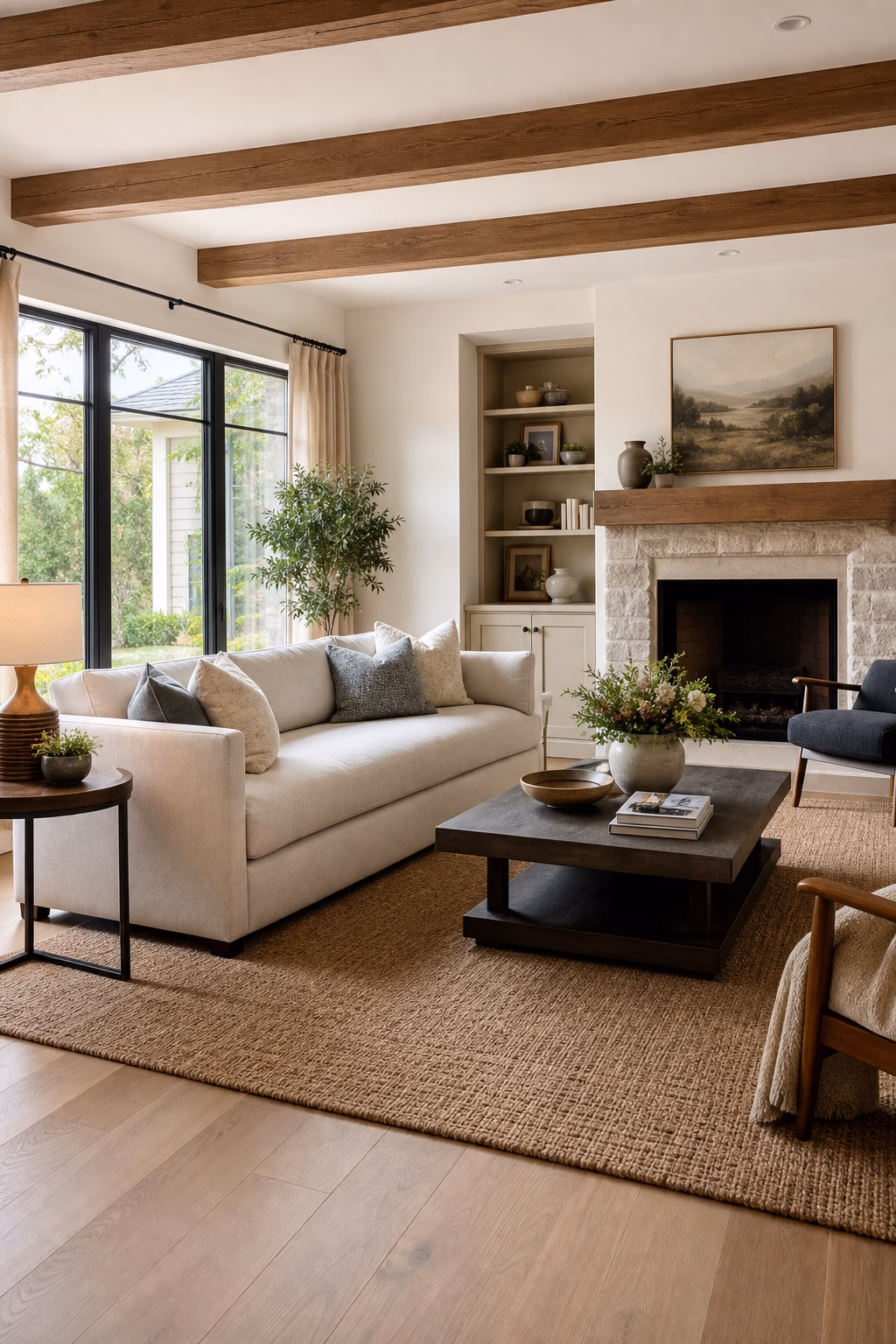 Cozy living room with a correctly scaled linen sofa, clear walkways, and balanced furniture placement.