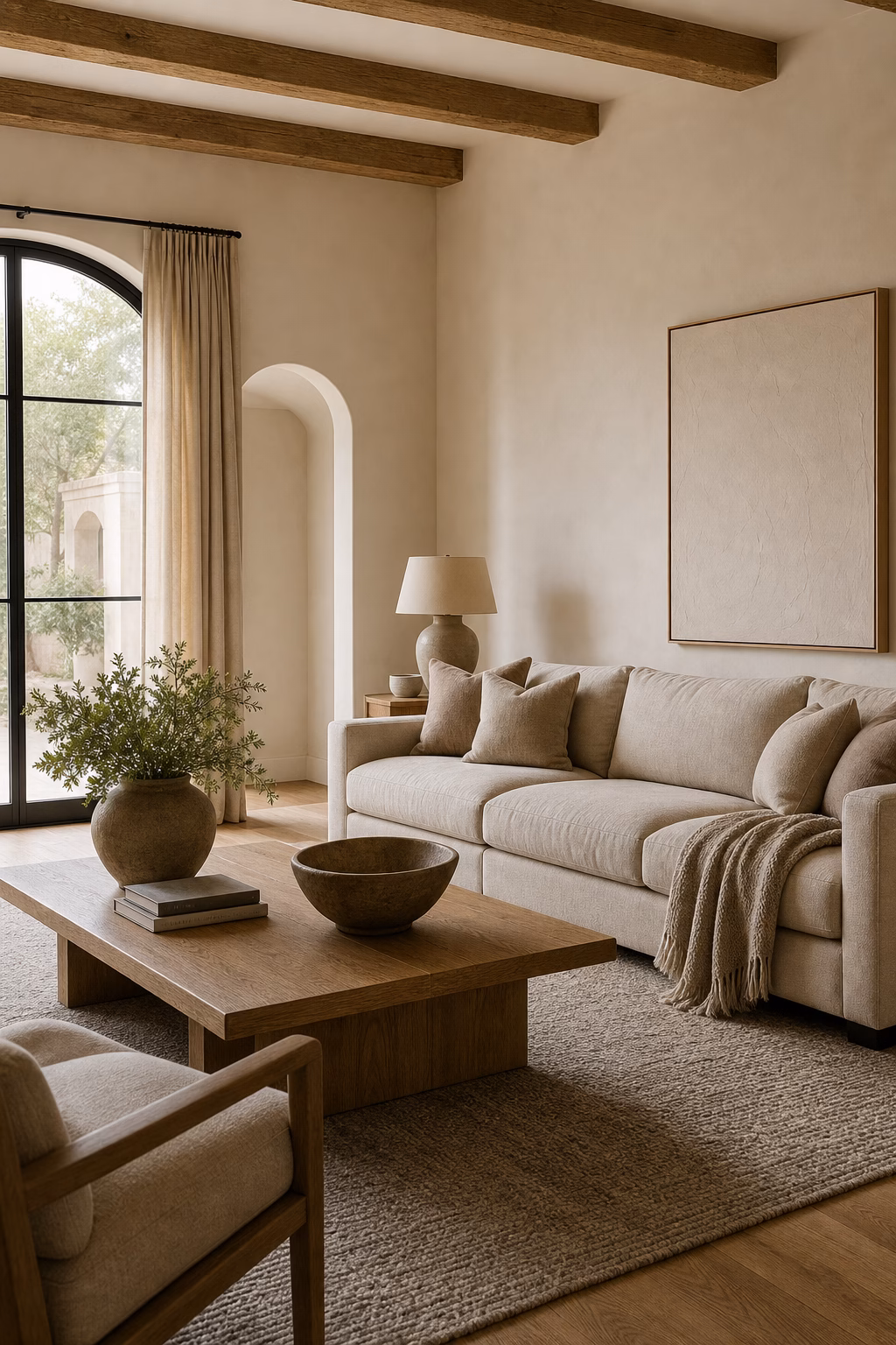Warm neutral living room with cream walls oatmeal sofa taupe pillows and oak table