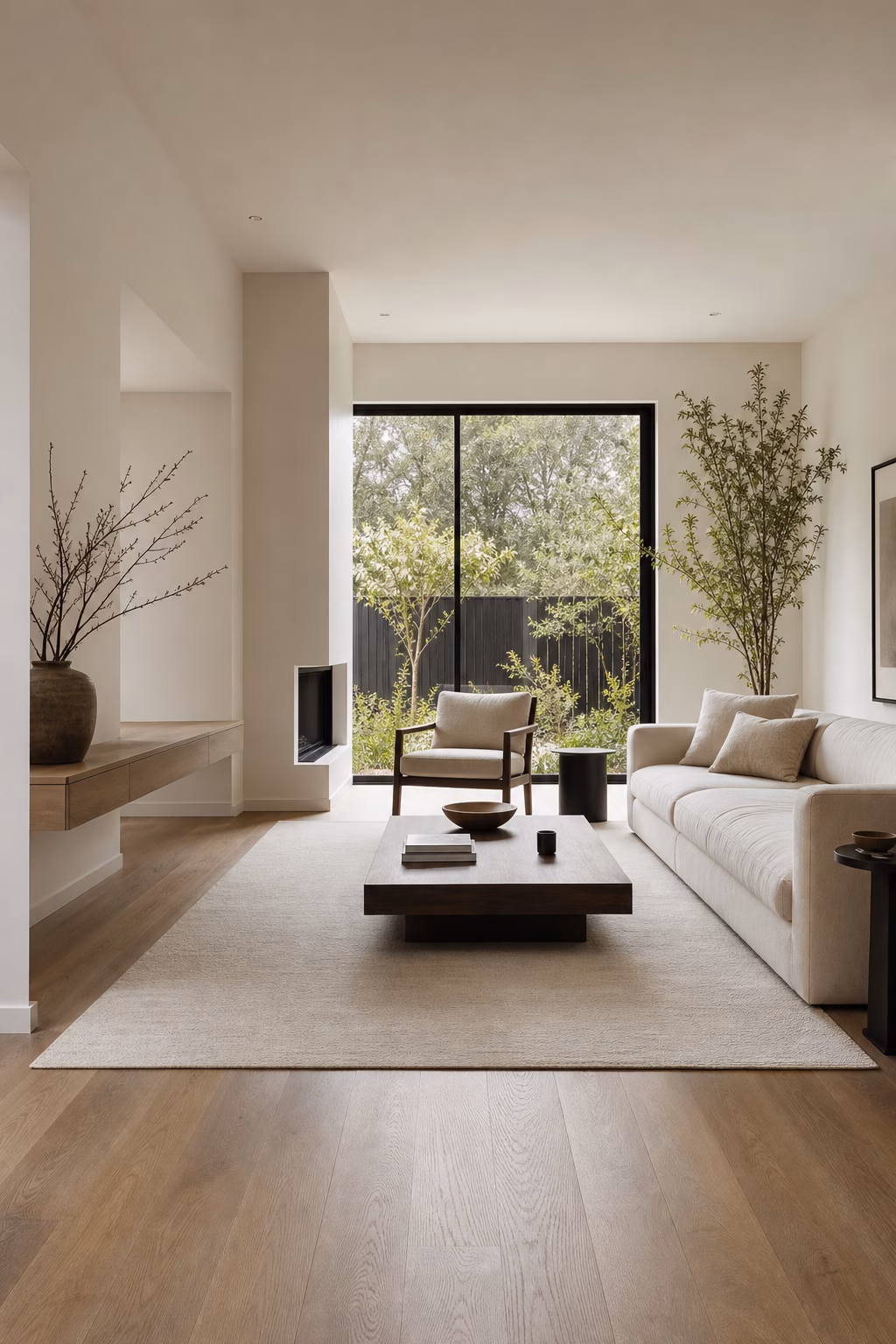 Minimalist living room with one sofa one chair large rug and clear walkway