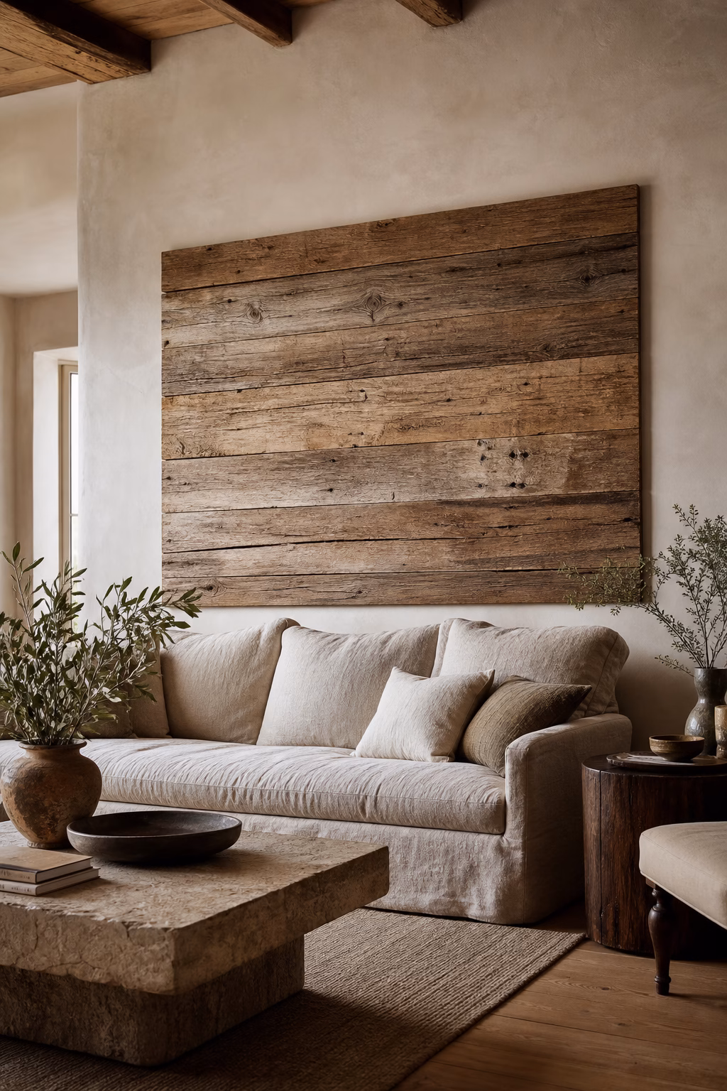 Reclaimed wood plank panel adding rustic warmth behind a living room sofa
