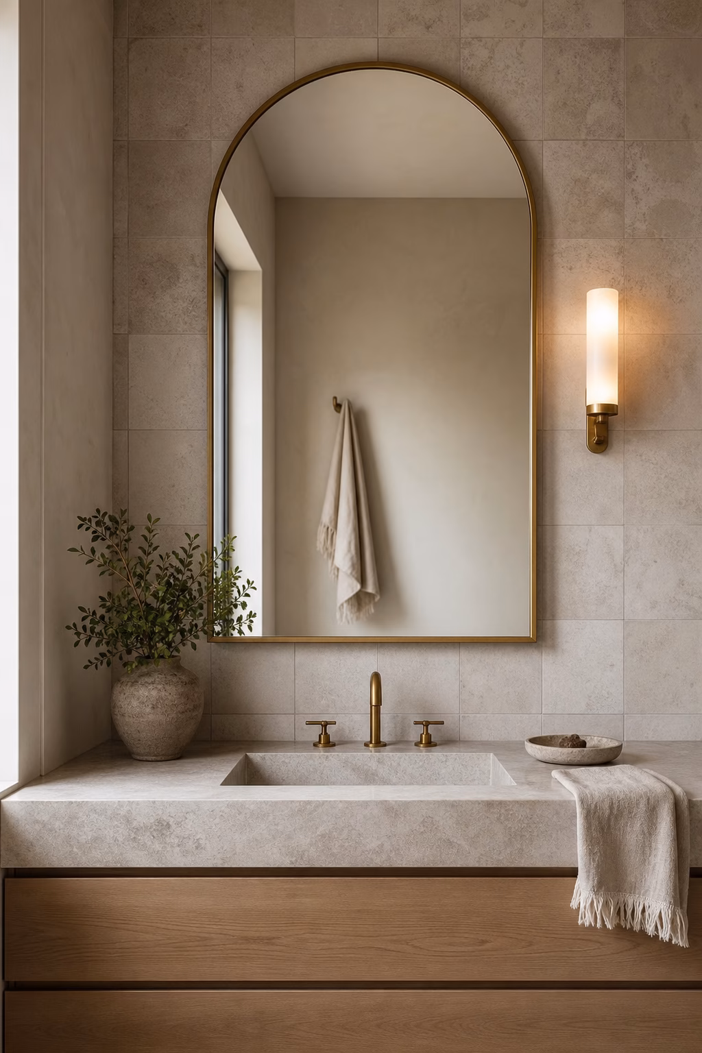 Arched brass bathroom mirror above a stone vanity with soft wall sconce lighting