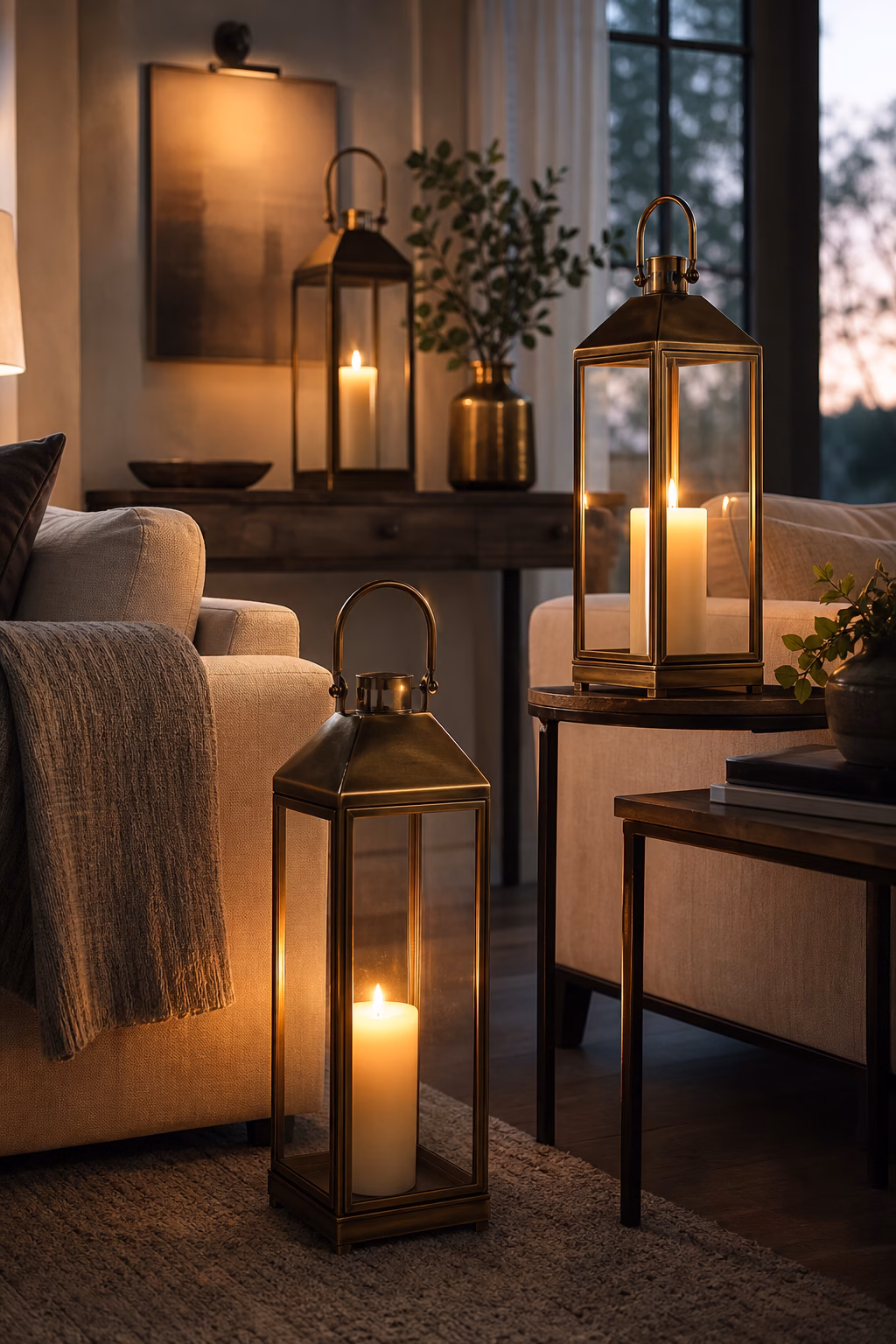 Layered lanterns at three heights creating ambient living room light