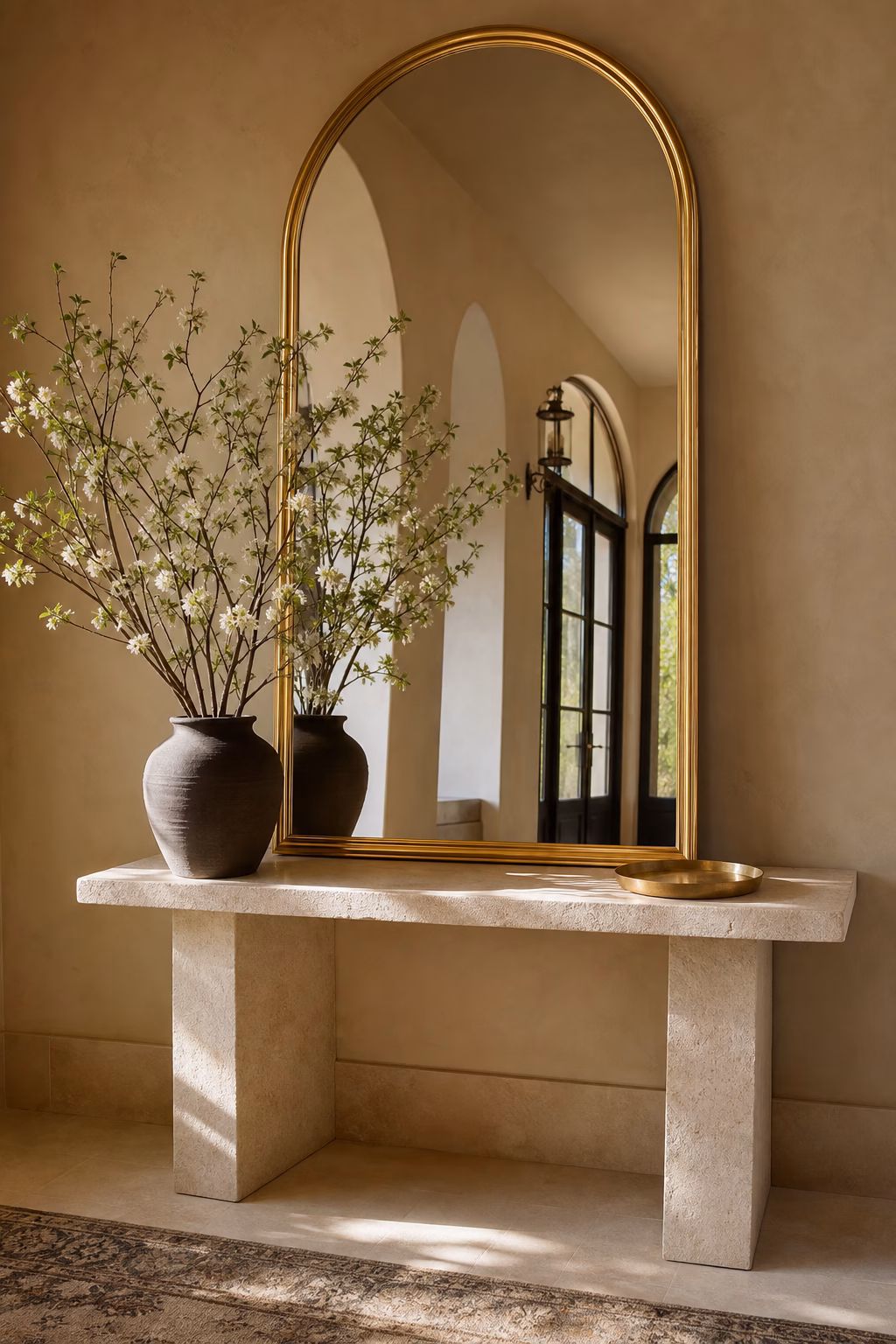Tall arched gold mirror anchoring an elegant entry console