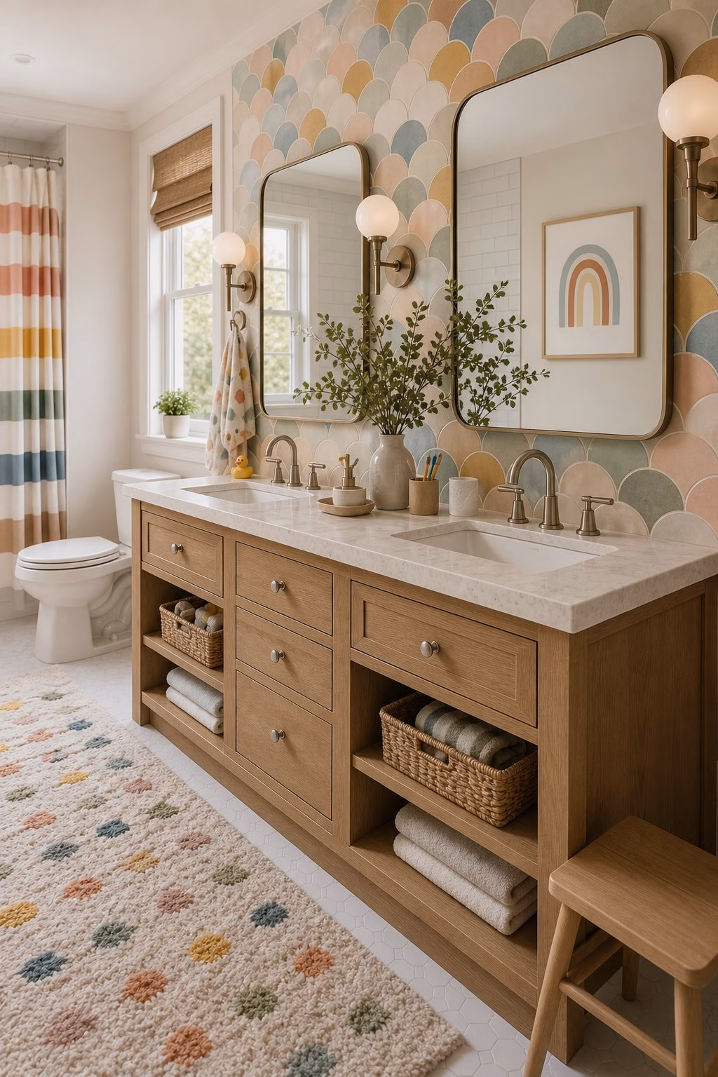 Bathroom trend idea: warm stone walls replace cold white tile in a realistic modern bathroom.
