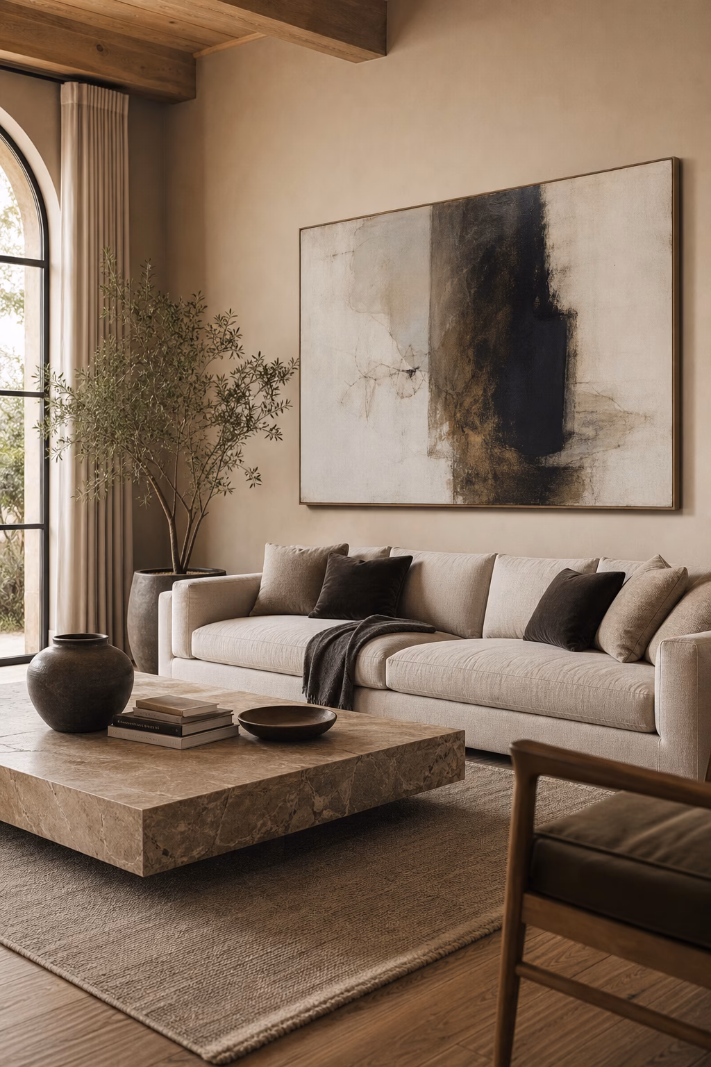 Oversized canvas artwork centered above a stylish living room sofa