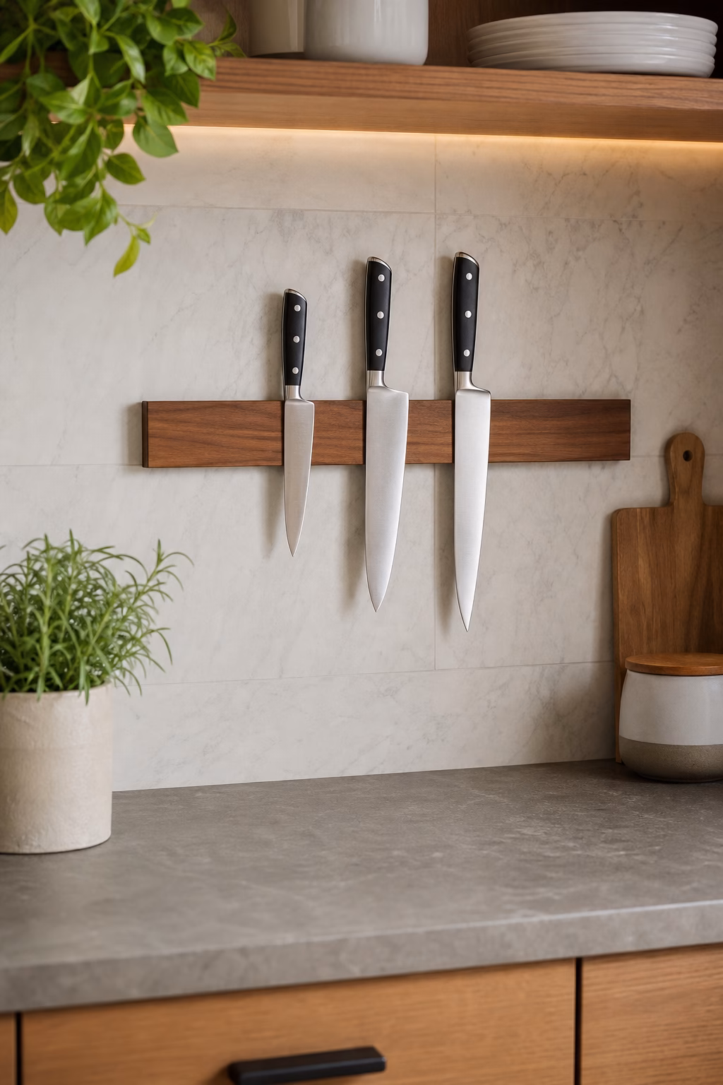 Wood magnetic knife rail mounted on a marble kitchen backsplash