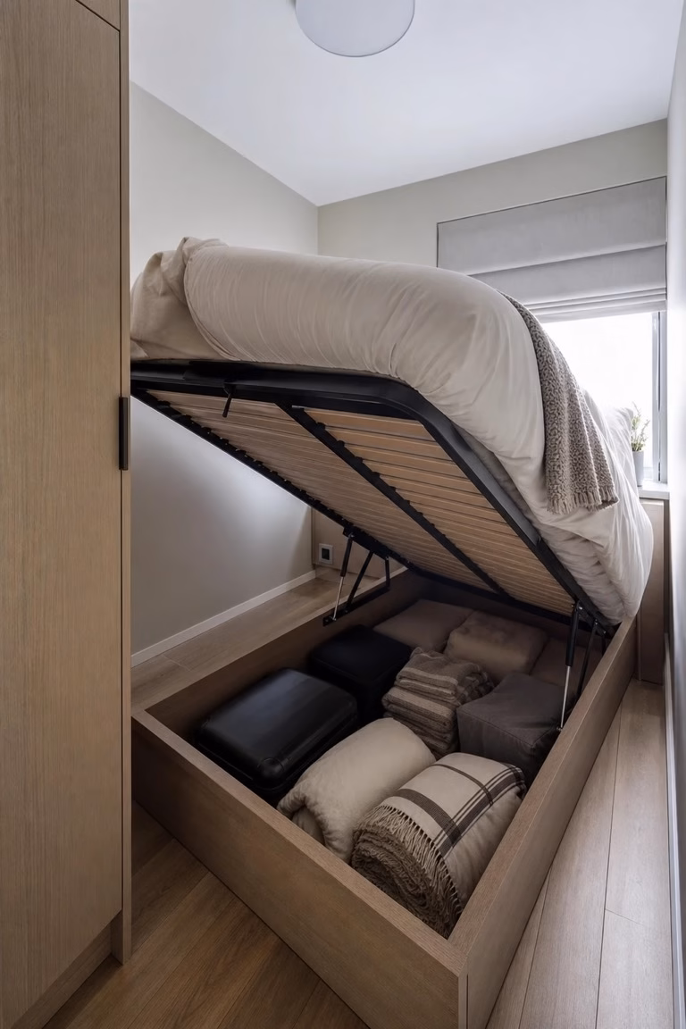 Hydraulic lift storage bed open in a tiny bedroom with organized bulky storage.