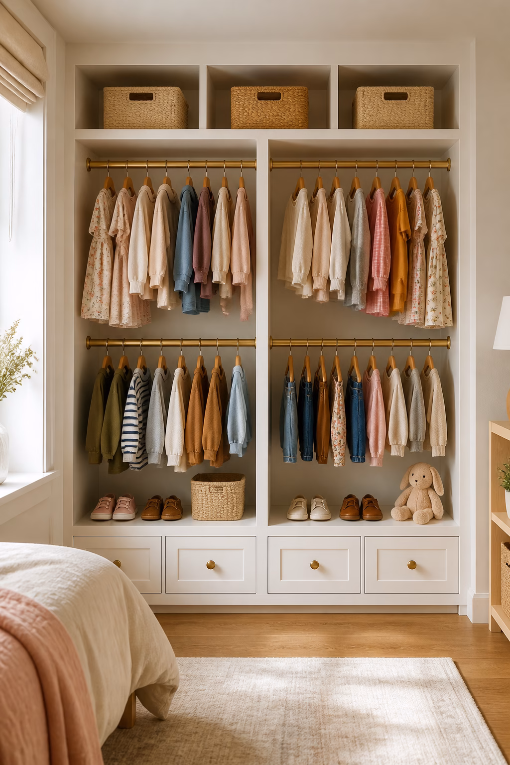 Kids closet with low double hanging rods, tidy clothing, drawers, baskets, and accessible storage at child height.