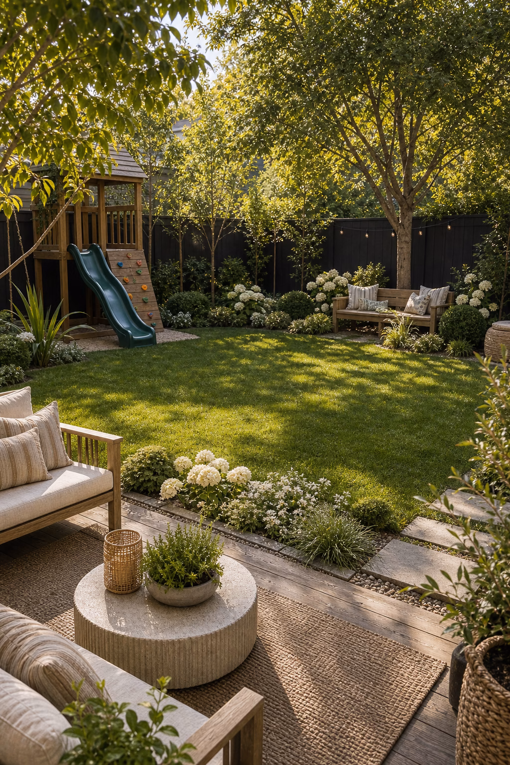 define a soft landing play lawn shown in a polished kids backyard with realistic materials and natural light.