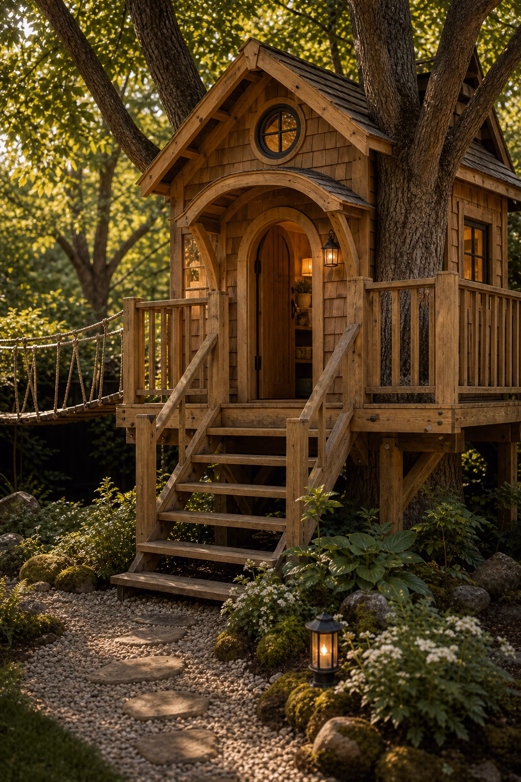 design a storybook entry shown in a polished treehouse with realistic materials and natural light.