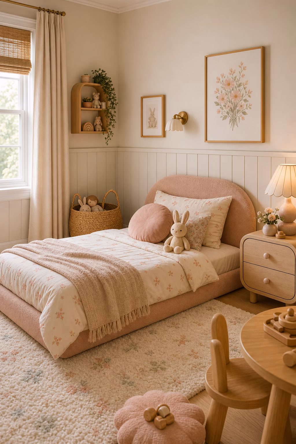 start with a low, cozy bed shown in a polished toddler girl bedroom with realistic materials and natural light.