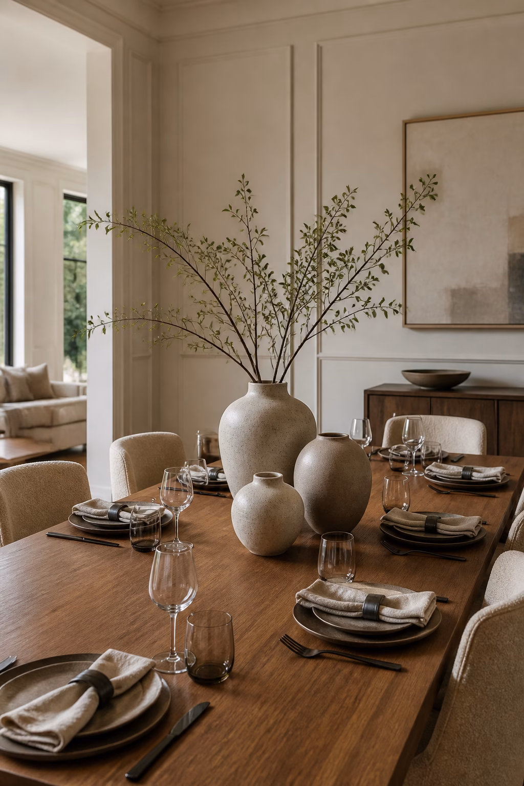 Narrow vase layered carefully in front of living room artwork