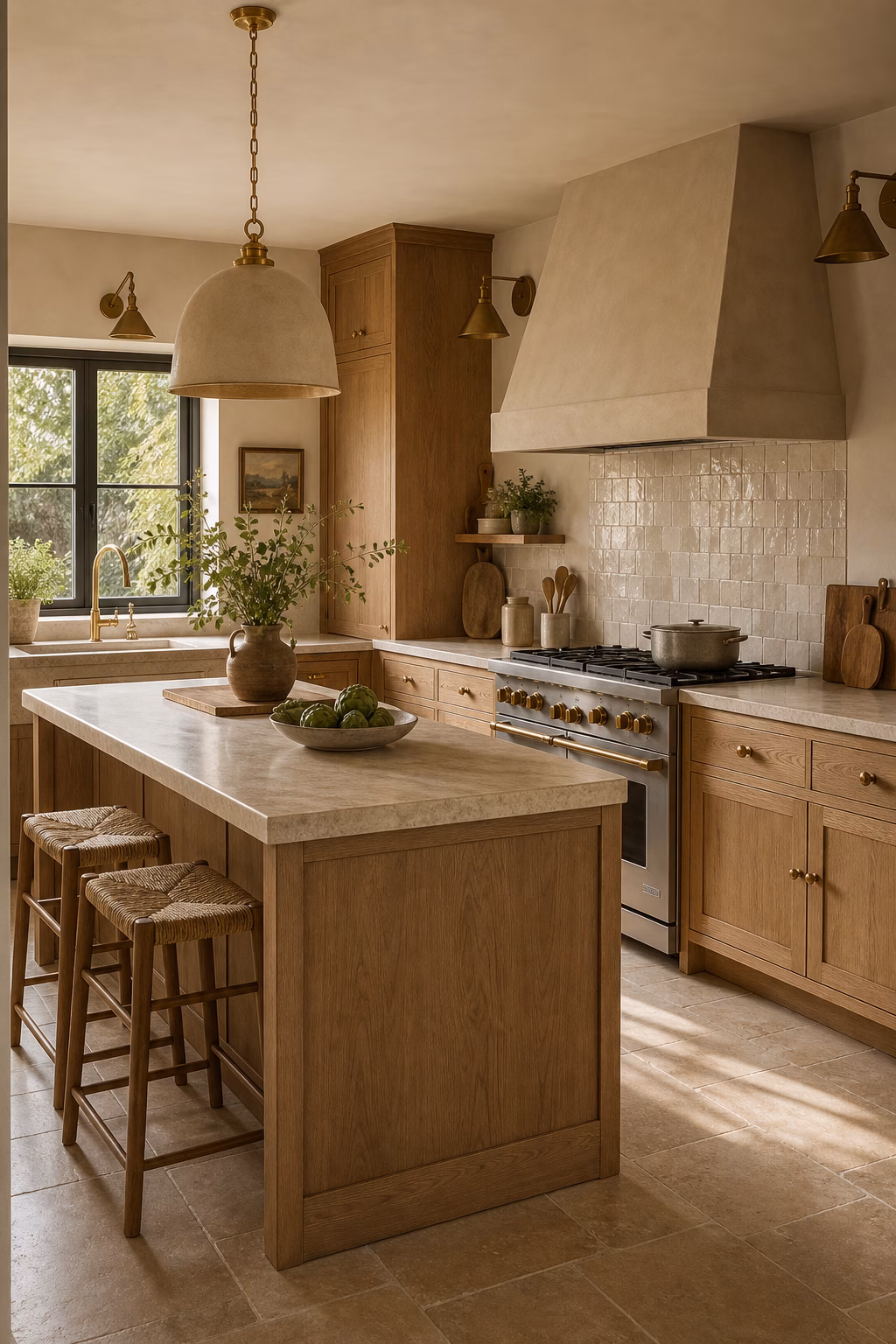 Warm oak kitchen island with stone counters and woven stools
