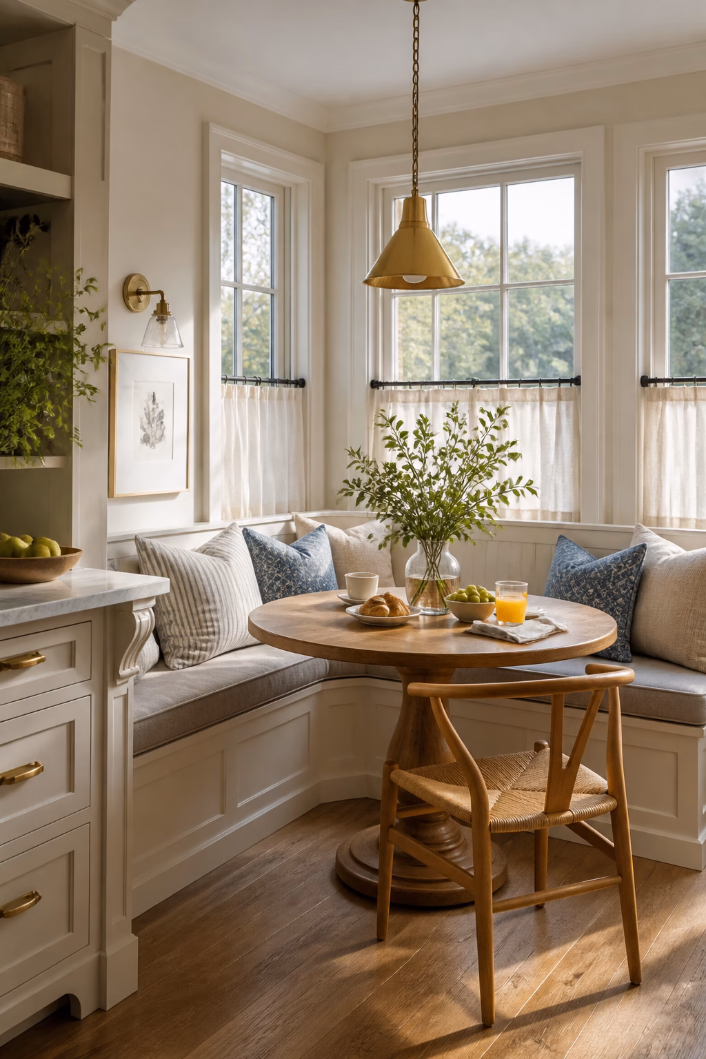 Built-in banquette breakfast nook with tailored cushions and a round pedestal table.