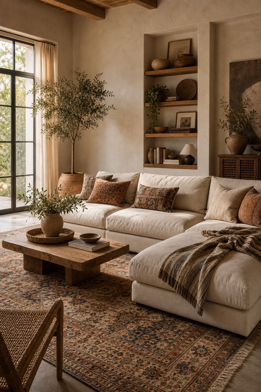 Boho living room with low linen seating pillows vintage rug and wood table