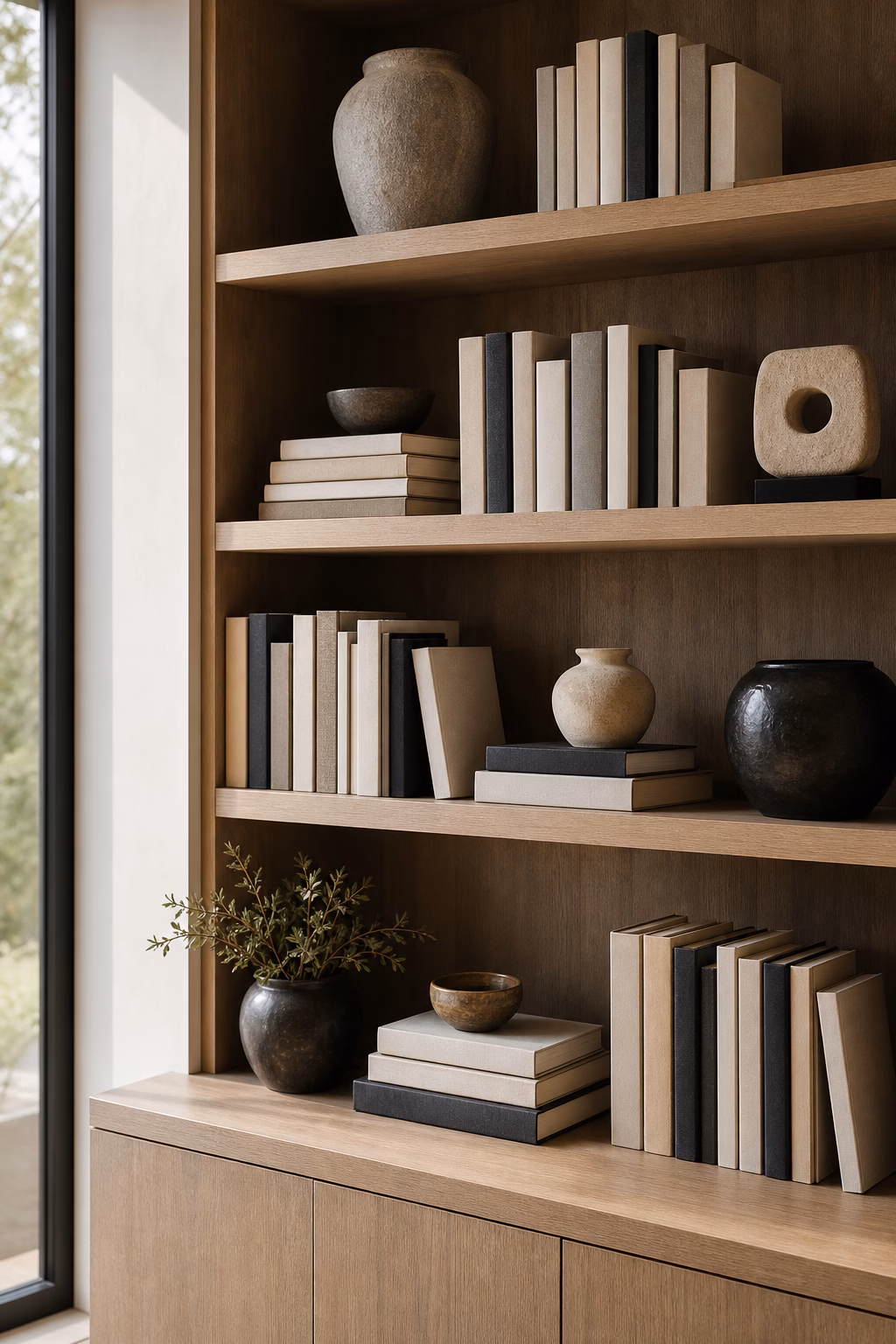 Books styled in mixed orientations on elegant built-in shelves