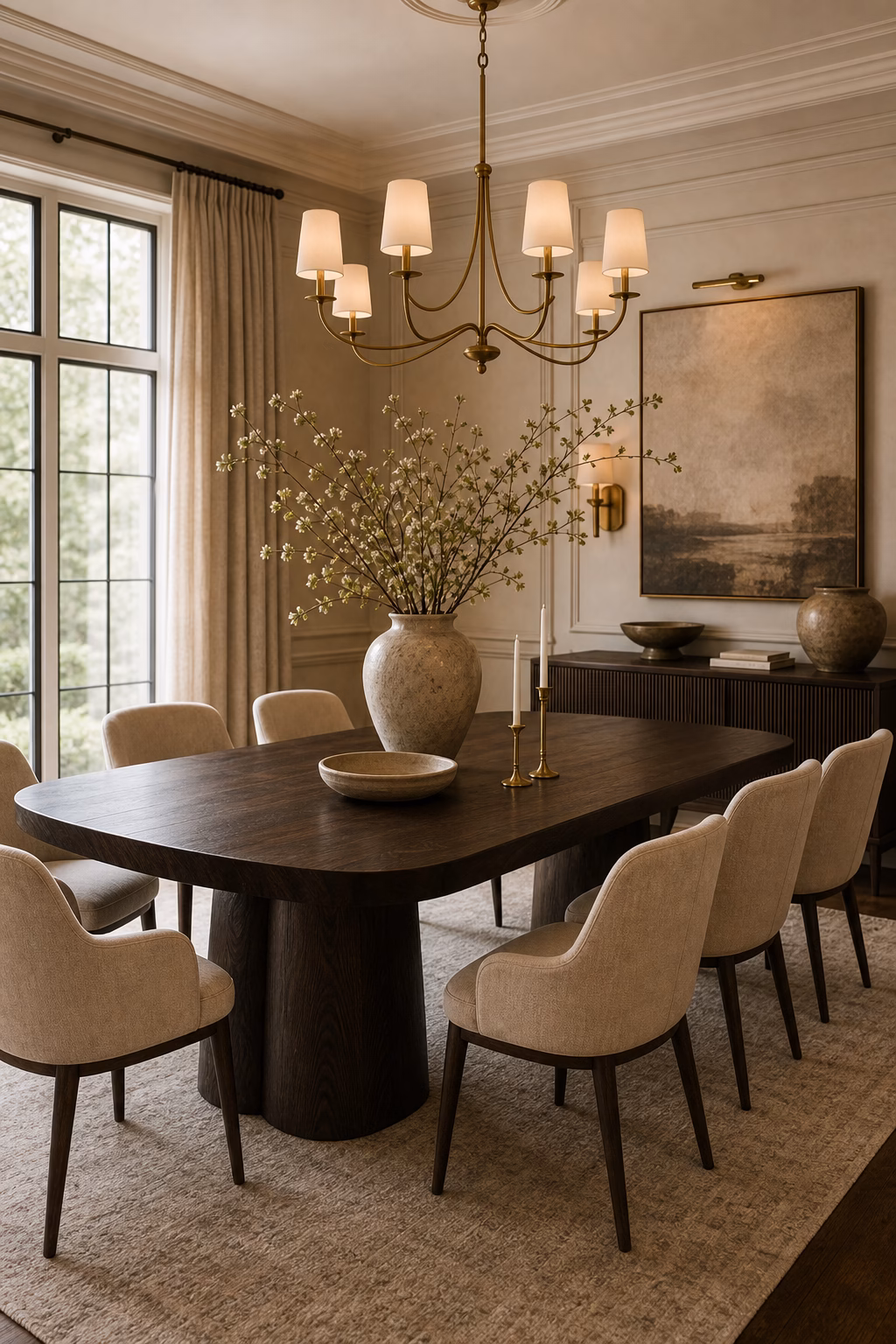 choose a dining table with presence shown in a polished luxury dining room with realistic materials and natural light.