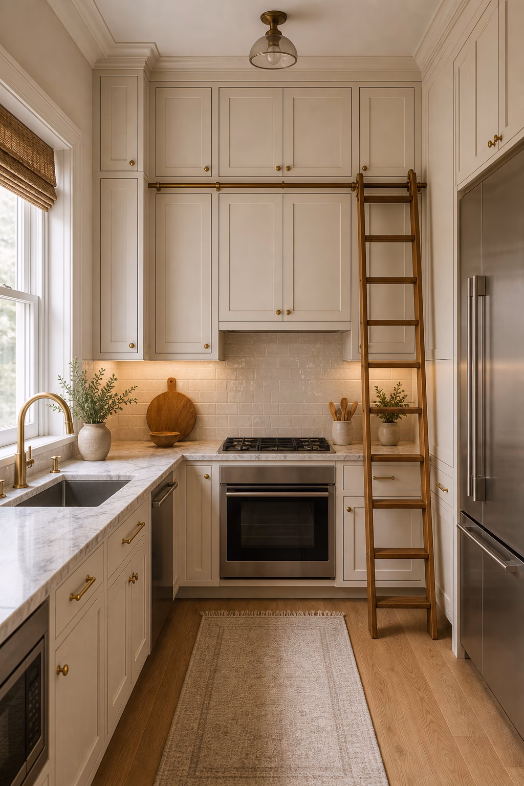 take cabinets to the ceiling shown in a polished small kitchen with realistic materials and natural light.
