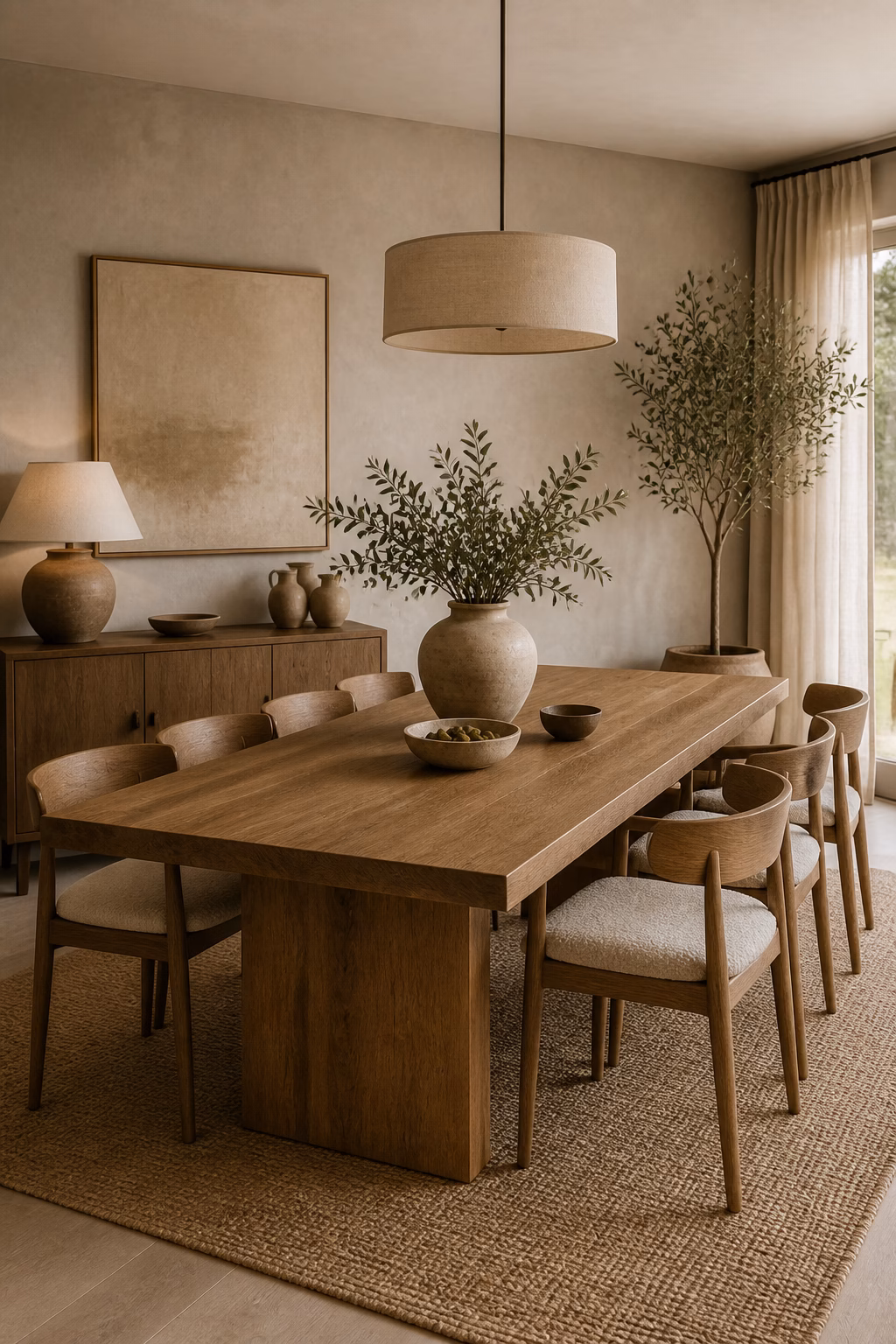 start with a solid wood table shown in a polished organic modern dining room with realistic materials and natural light.