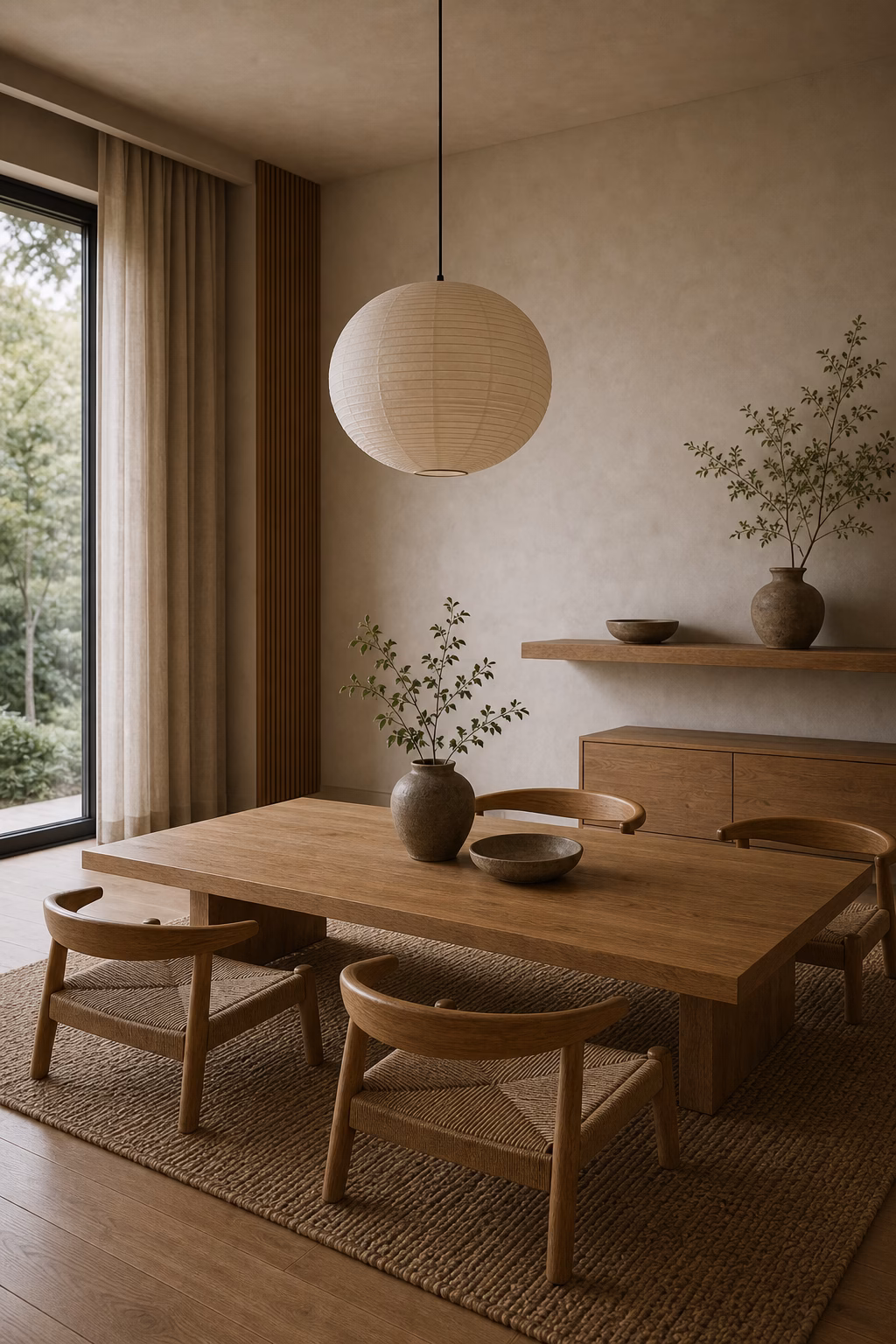 choose a low-profile wood table shown in a polished Japandi dining room with realistic materials and natural light.
