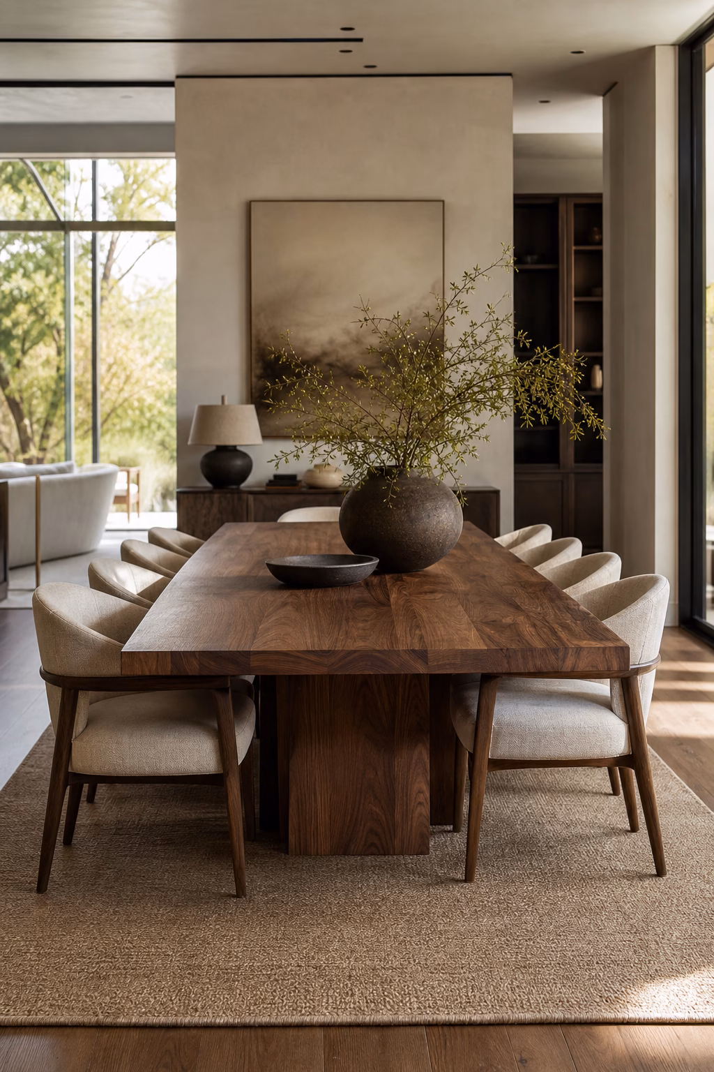 Contemporary dining room centered on a substantial wood table with elegant chairs.