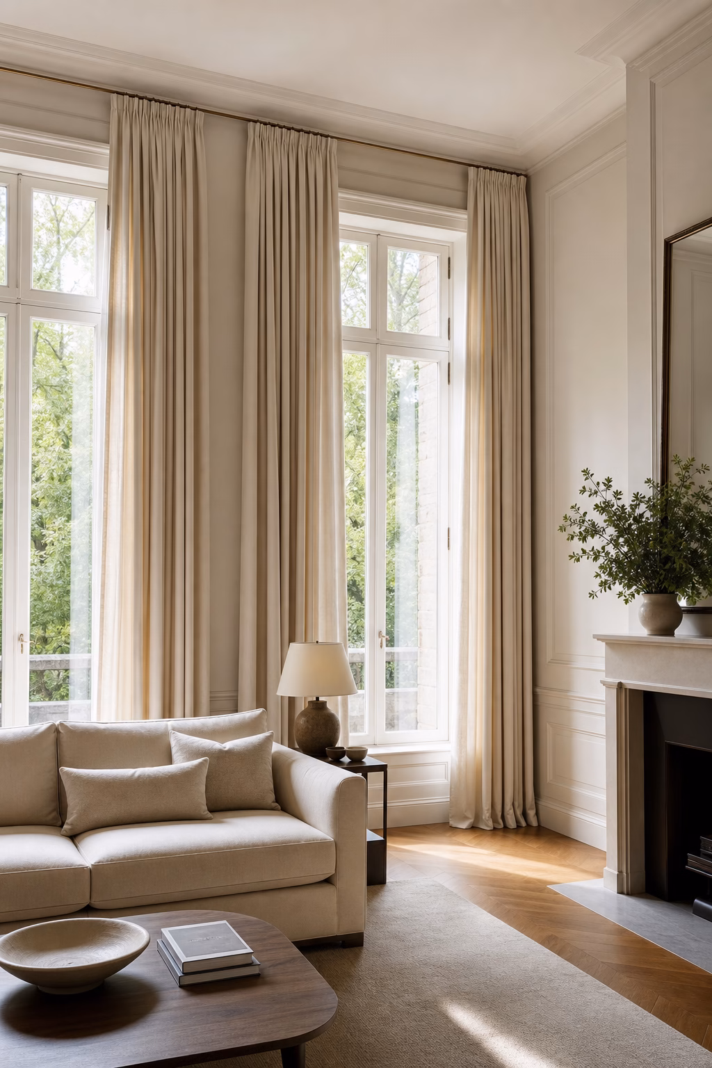 Living room curtains hung near the ceiling above tall windows