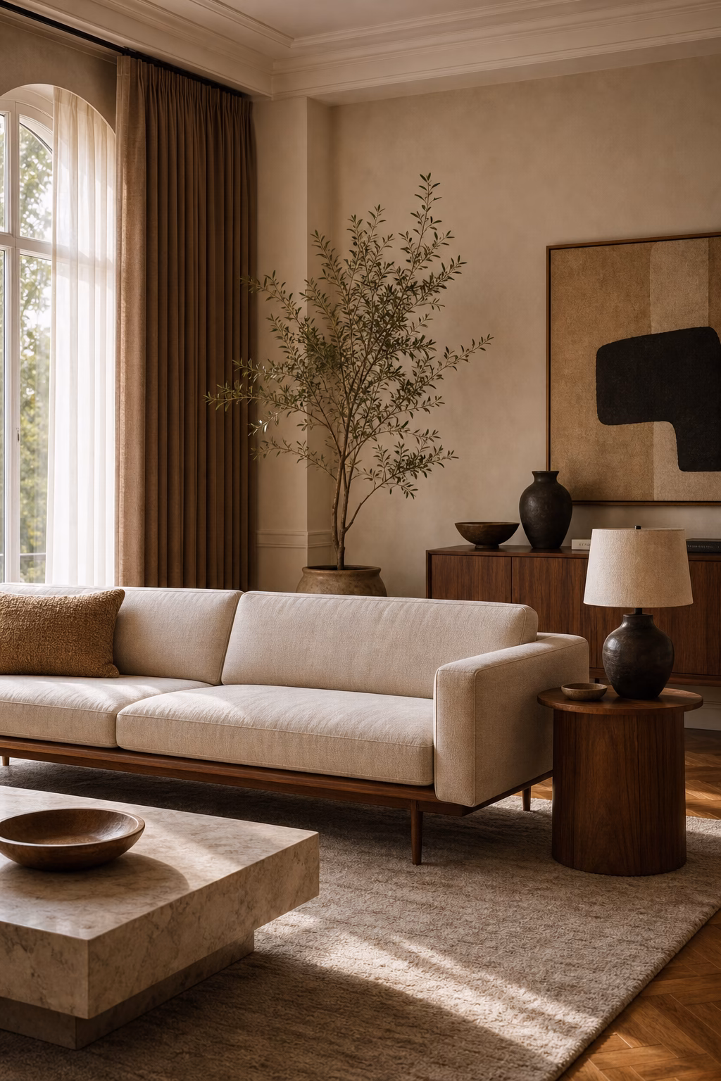 Mid-century modern living room with low linen sofa and walnut accents