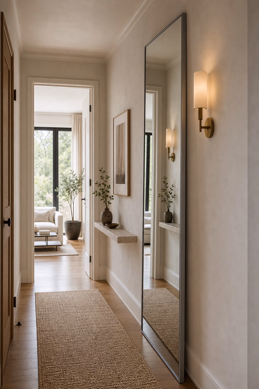 Full-height wall mirror brightening a narrow hallway