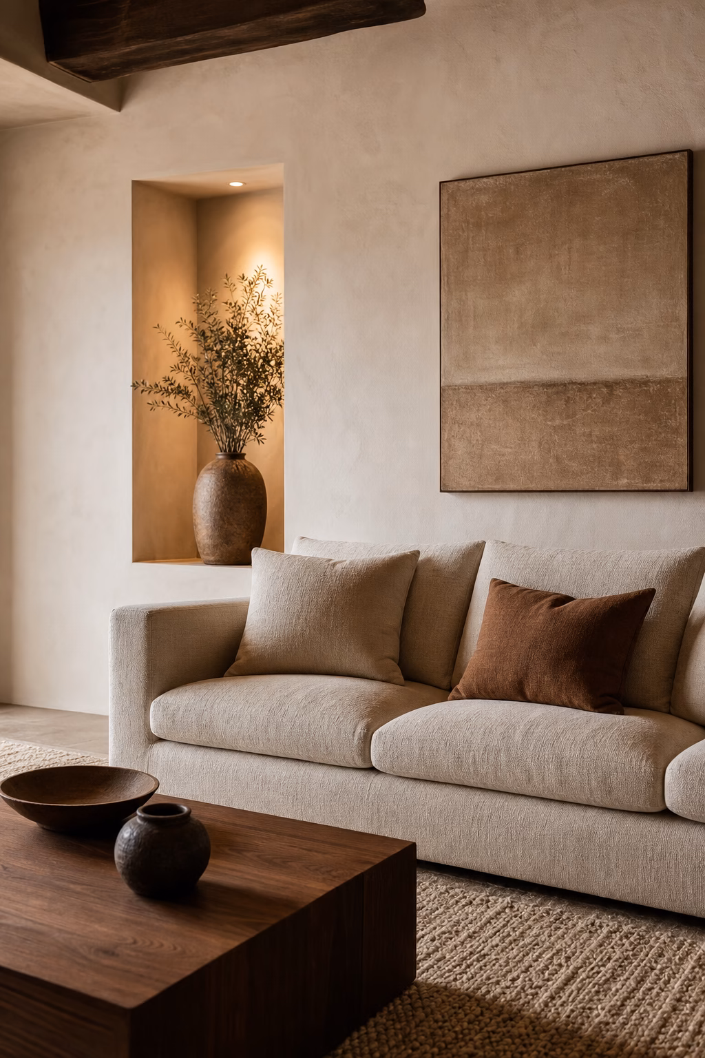 Warm minimalist living room with textured sofa plaster walls and wood accents