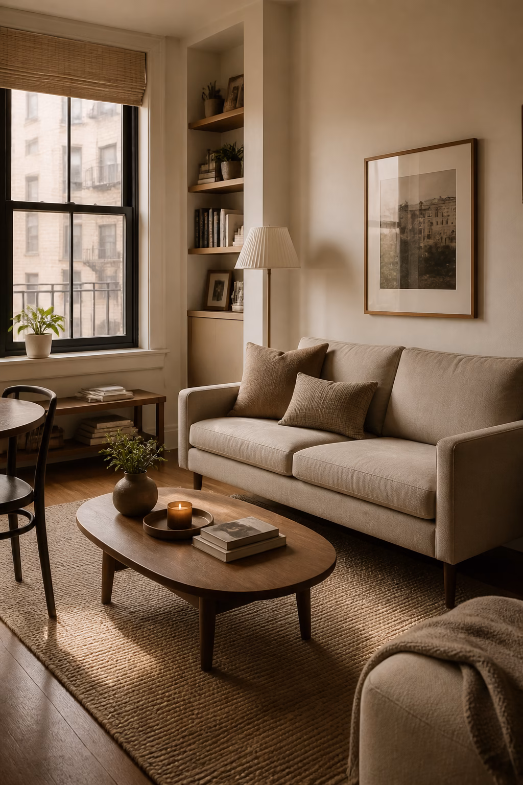 Small cozy apartment living room with one well scaled sofa