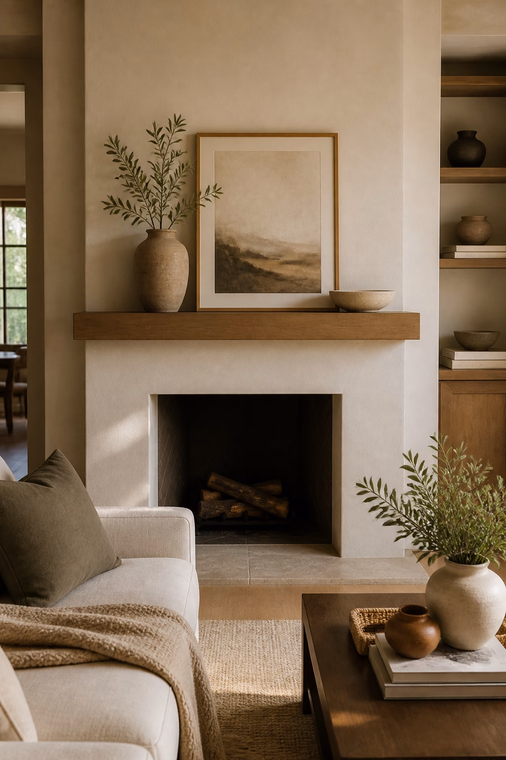 Clean fireplace mantel styled with art ceramic vessel and stone bowl