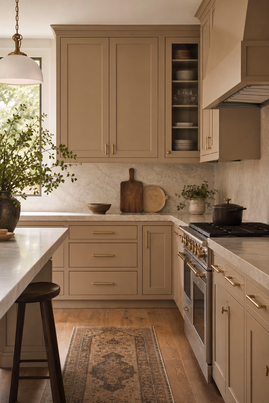 Vintage modern kitchen with warm Shaker cabinetry, sleek brass hardware, honed stone, and integrated appliances.