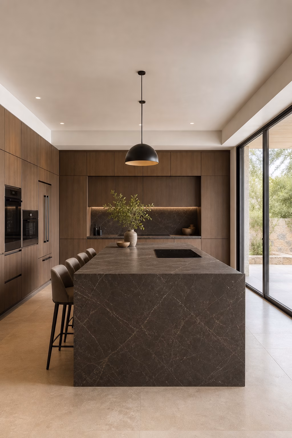Luxury kitchen with a monolithic waterfall stone island, sleek cabinets, and soft natural daylight.