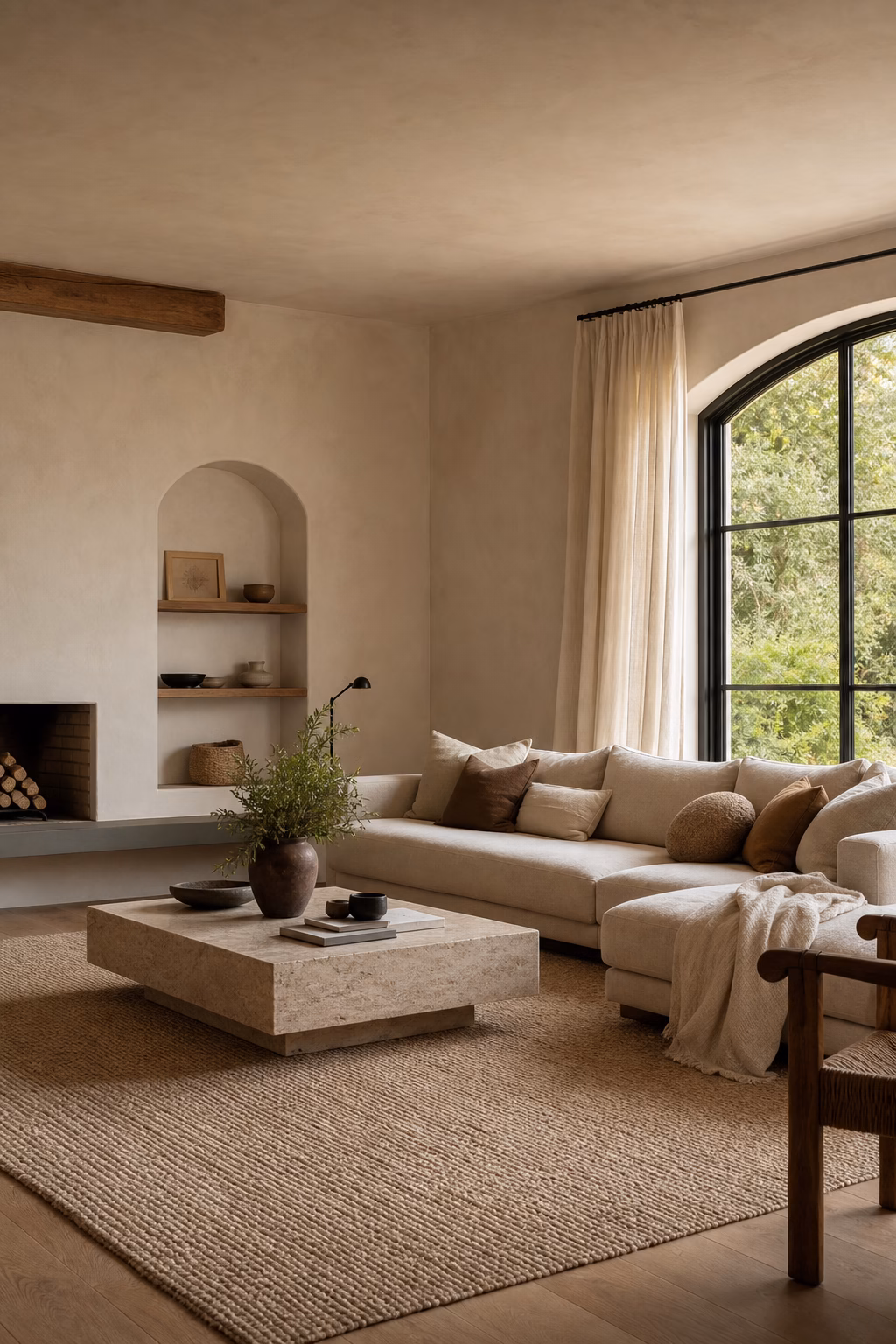 Warm modern living room with cream walls linen sofa and pale oak floor