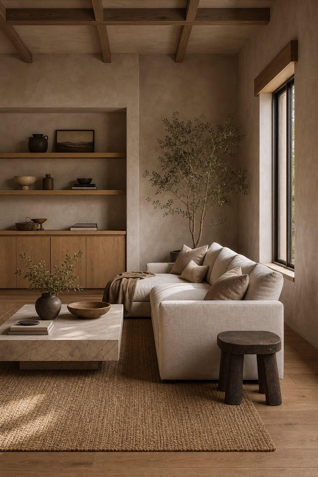 Warm minimalist living room with textured plaster oak linen and stone