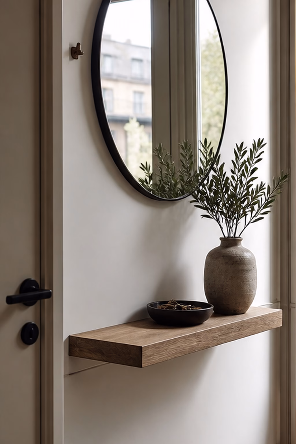 Round mirror above a slim entry ledge in a compact apartment