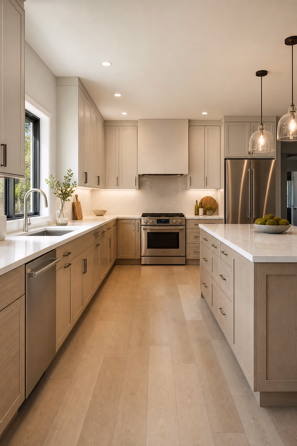 Elegant remodeled kitchen with a clean working triangle, generous aisles, and neutral cabinetry.