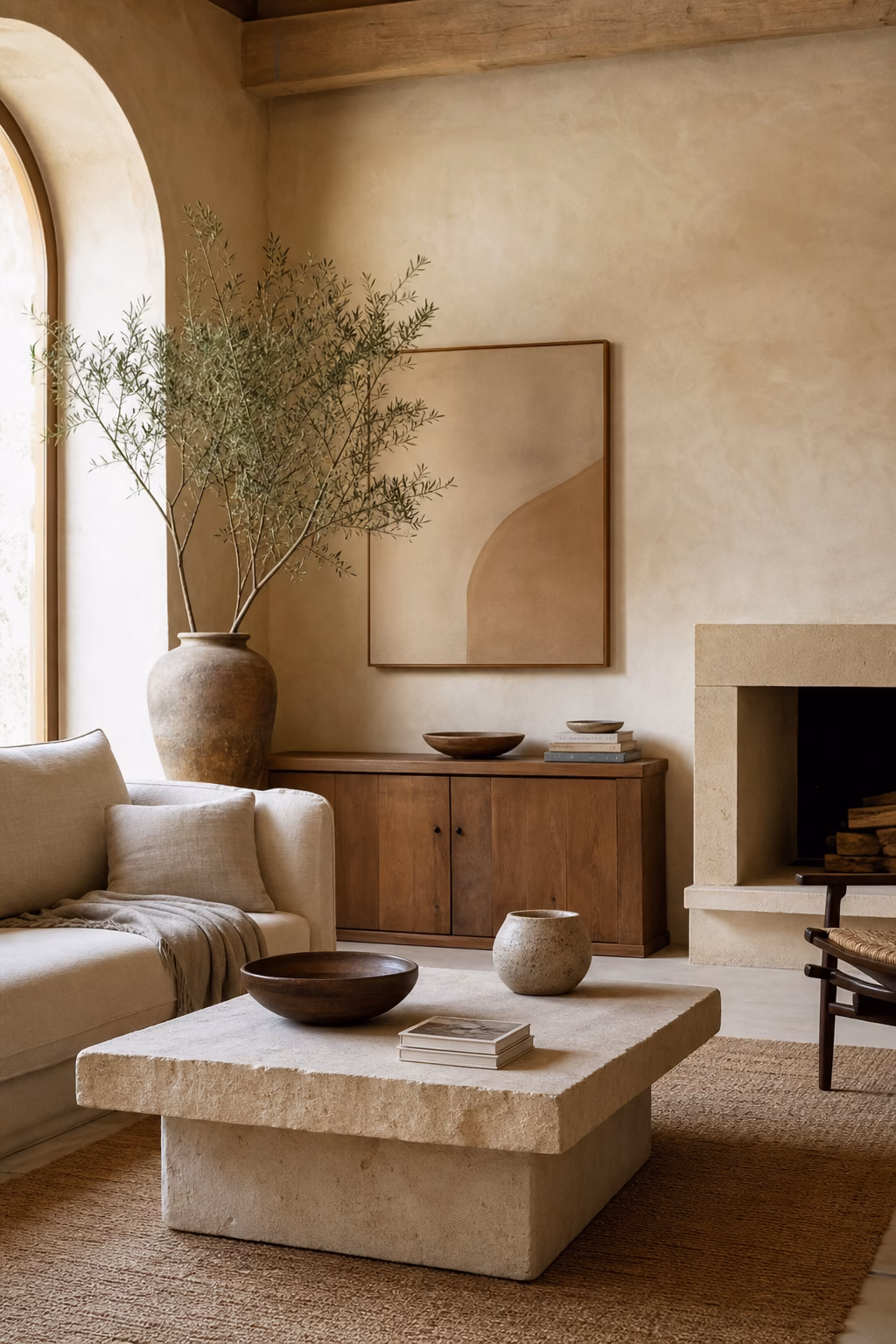 Earthy living room with warm plaster walls and natural textures