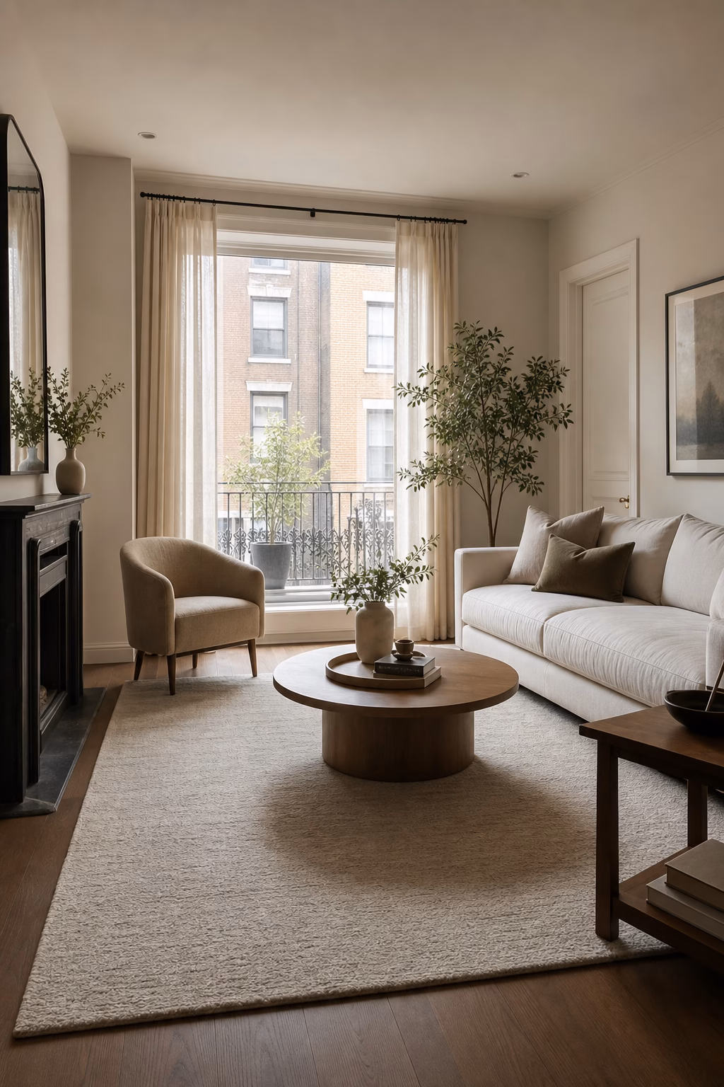 Small apartment living room with properly scaled sofa chair and coffee table